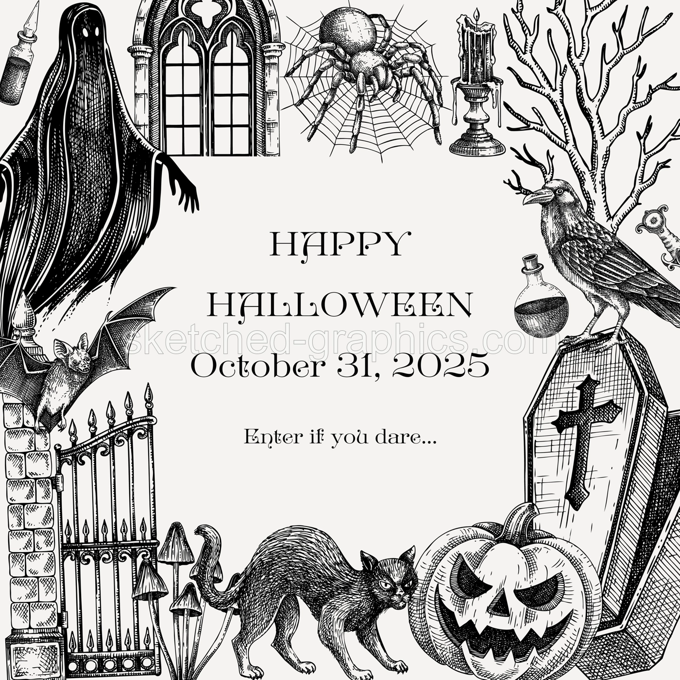 Halloween card design. Hand-drawn vector illustrations. Gothic party invitation template. NOT AI generated Illustration
